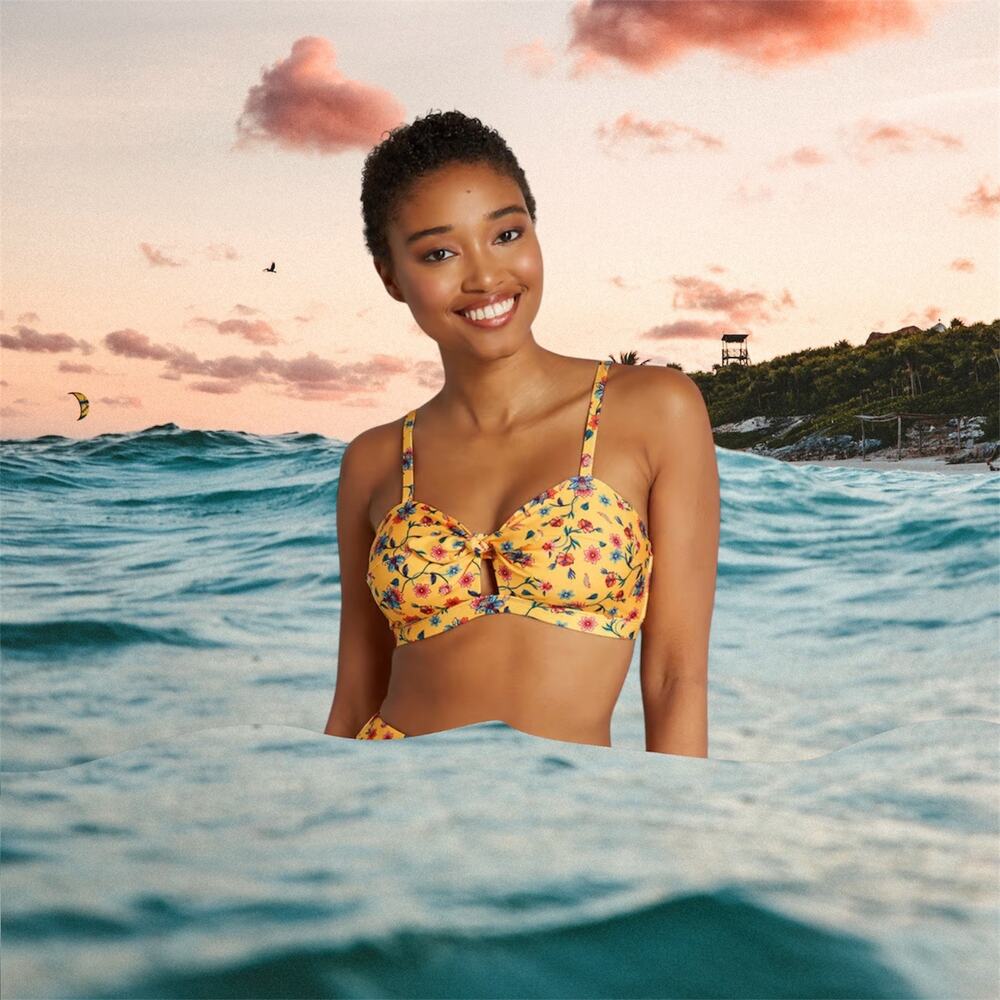 ModCloth Santa Barbara Saturdays Bikini Top 3X Yellow‎ Floral Tie Knot NWT